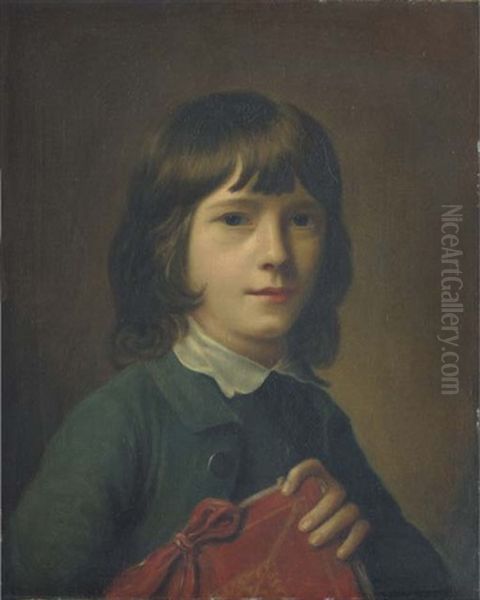 Portrait Of A Boy, Probably One The Artist's Children, Half-length, In A Green Coat And Waistcoat, Holding A Red Folio Oil Painting by Nathaniel Hone