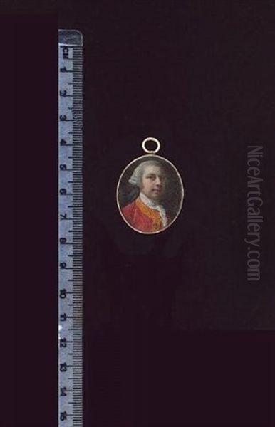 A Self-portrait Of The Artist, Wearing Ochre-trimmed Deep Red Coat, Matching Waistcoat And White Cravat, His Powdered Wig Worn En Queue With A Large Black Ribbon Oil Painting by Nathaniel Hone