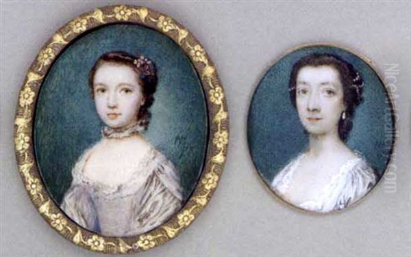 A Young Girl, In Lace-bordered White Silk Dress, Lace Choker, Flowers In Her Upswept Dark Hair (+ A Lady, In Lace-bordered White Dress, Drop Pearl Earrings; 2 Works) Oil Painting by Nathaniel Hone