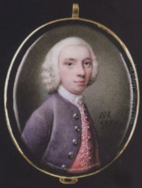 A Gentleman, Wearing Mauve Coat With Silver Buttons, Bright Pink Waistcoat Embroidered With White, Lace Cravat And Powdered Wig Oil Painting by Nathaniel Hone
