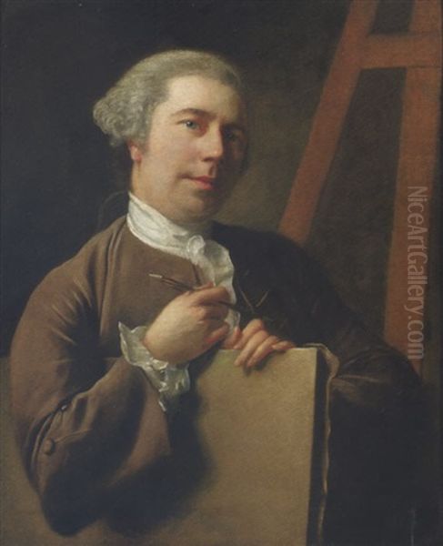 Portrait Of The Artist In A Brown Coat, Holding A Canvas With A Pen In His Right Hand, An  Easel In The Background Oil Painting by Nathaniel Hone