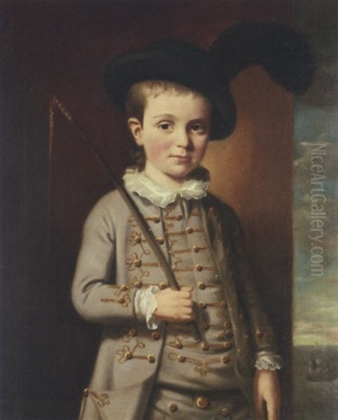 Portrait Of A Young Boy (master Ridley?) In A Grey Suit With Gold Braid And A Feathered Hat, Holding A Riding Whip, In An Interior With The Sea Beyond Oil Painting by Nathaniel Hone