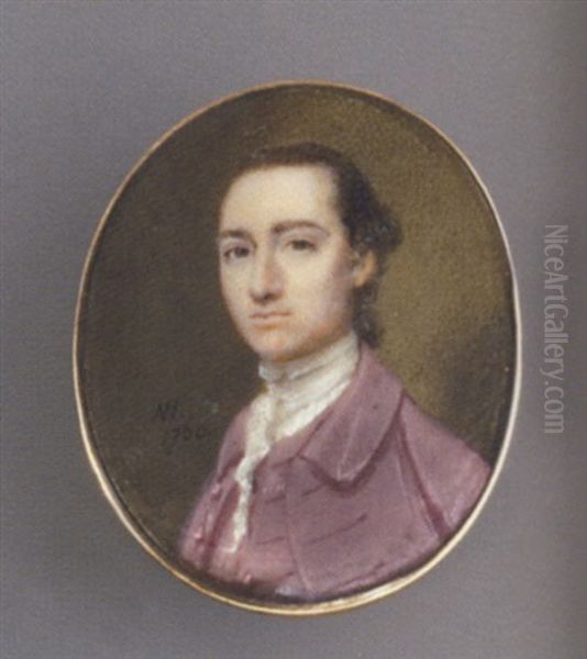 A Young Gentleman In Mauve Coat And Waiscoat, Lace Cravat, Hair En Queue Oil Painting by Nathaniel Hone