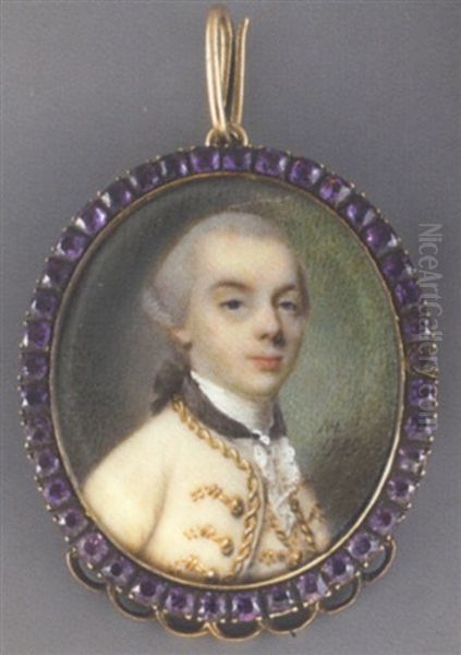 A Young Gentleman In Gold-bordered Blue Velvet Coat And Waistcoat, Lace Cravat And Black Stock, Hair En Queue Oil Painting by Nathaniel Hone