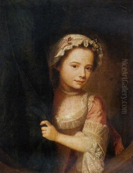 Portrait Of A Young Girl In A Pink Dress, A White Lace Cap And A Pearl Necklace, Peering From Behind A Green Curtain Oil Painting by Nathaniel Hone