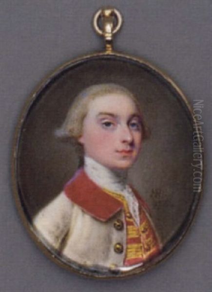 A Young Gentleman In White And Red Velvet Coat With Gold Buttons, Gold Embroidered Red Waistcoat, Lace Cravat, Powdered Hair En Queue Oil Painting by Nathaniel Hone