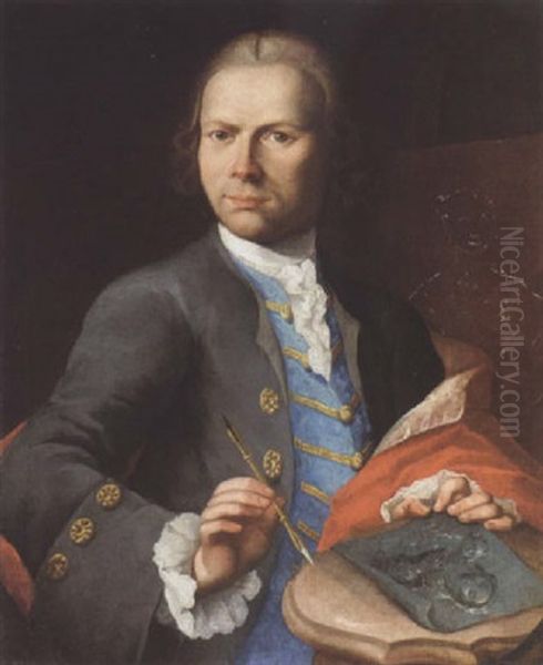 Portrait Of An Artist Wearing A Blue Waistcoat With Dark Blue Coat, Holding A Sketch Oil Painting by Nathaniel Hone