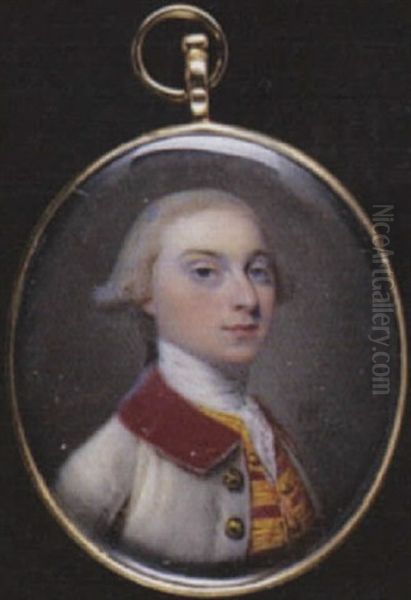 A Gentleman Wearing White Coat With Crimson Collar And Brass Buttons, Gold Figured Waistcoat, White Stock And Lace Cravat Oil Painting by Nathaniel Hone