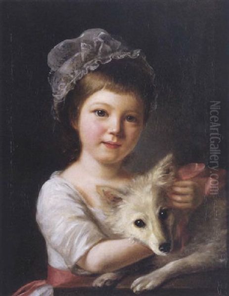 Portrait Of A Girl With Her Dog In A White Dress With A Pink Sash Oil Painting by Nathaniel Hone