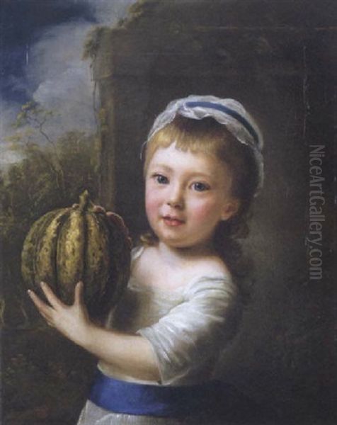 Portrait Of A Girl Holding A Melon In A White Dress With A Blue Sash Oil Painting by Nathaniel Hone