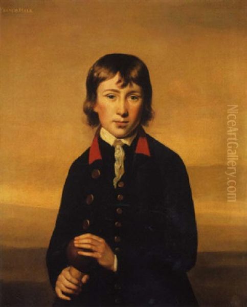 Portrait Of Master Francis Hale In A Blue Coat And Waistcoat, In A Landscape Oil Painting by Nathaniel Hone