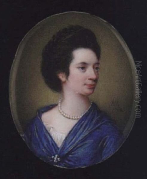 A Lady, Her Dark Hair In A Plait, Wearing Decollete Bright Blue Dress With White Underslip, Brooch At Her Corsage And Pearl Necklace Oil Painting by Nathaniel Hone
