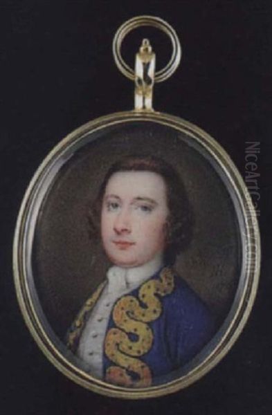 A Young Gentleman With Short Natural Hair, Wearing Gold Figured Royal Blue Coat, White Waistcoat And Tied Cravat Oil Painting by Nathaniel Hone
