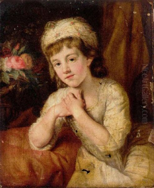 Portrait Of A Seated Girl In A White Dress And White Headdress Decorated With Flowers, Roses In A Urn Beyond Oil Painting by Nathaniel Hone