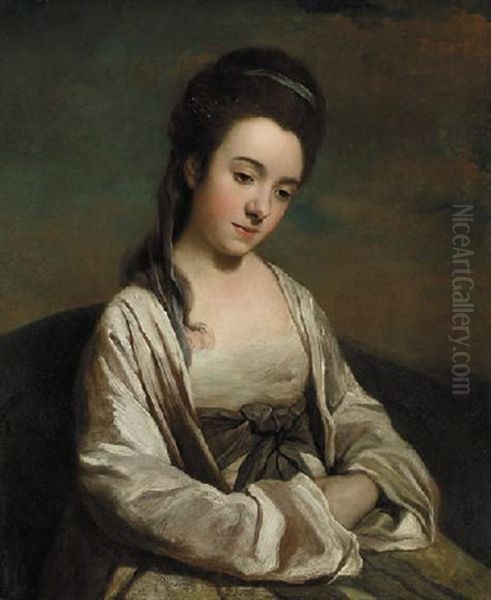 Portrait Of A Lady Seated, In A Pink And White Gown Oil Painting by Nathaniel Hone