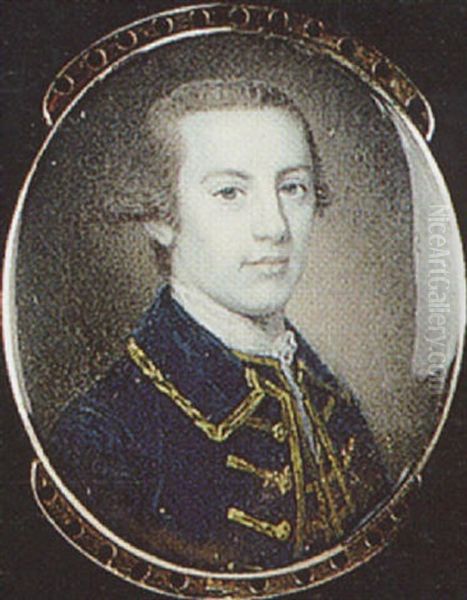 George Seton, With Powdered Hair, Wearing Gold Figured Blue Coat, Matching Waistcoat And White Lace Cravat Oil Painting by Nathaniel Hone