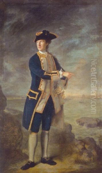Portrait Of Captain The Hon. Robert Boyle Walsingham In Naval Uniform, With A View Of Louisbourg, Canada, Beyond Oil Painting by Nathaniel Hone