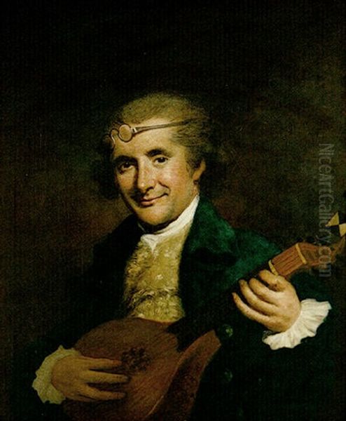 Portrait Of A Gentleman Playing A Mandolin Wearing A Blue Coat And A White Lace Jabot, His Spectacles On His Head Oil Painting by Nathaniel Hone