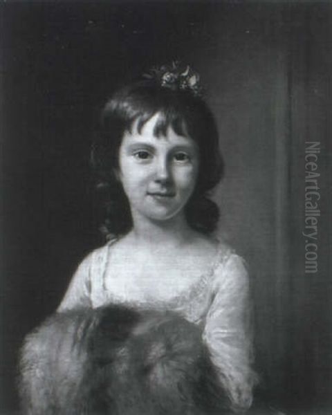 Portrait Of A Young Girl, Half Length In A White Dress      Holding A Fur Muff Oil Painting by Nathaniel Hone