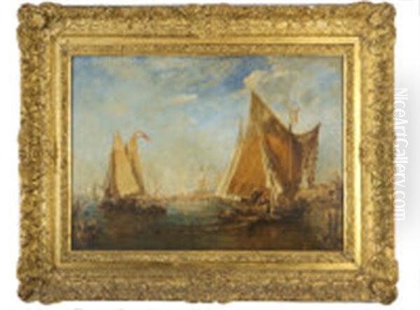 Fishing Boats On The Lagoon, Venice, Looking Towards The Doges Palace On The Right And Santa Maria Della Salute On The Left Oil Painting by Nathaniel Hone the Younger