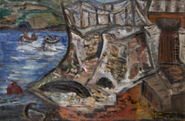 Drying Nets, The Harbour Wall Youghal Oil Painting by Evie Sydney Hone