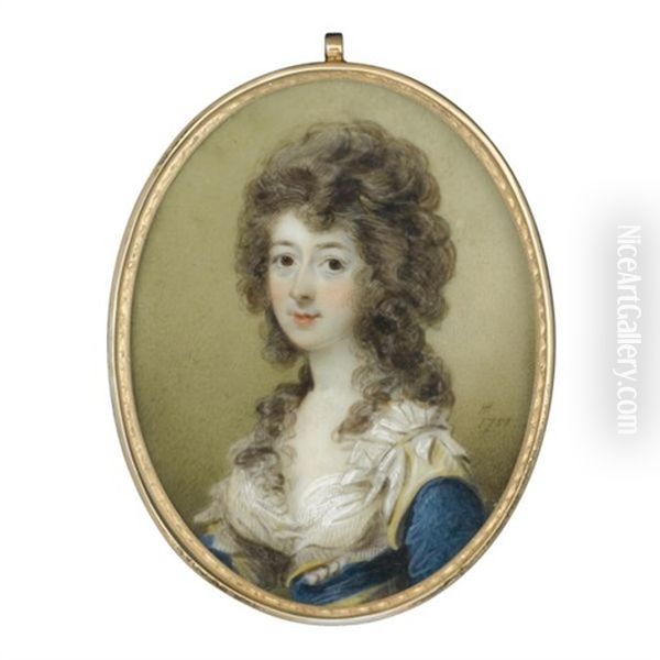 Portrait Of A Lady Wearing A Yellow And Blue Dress With A White Chemise Oil Painting by Horace Hone