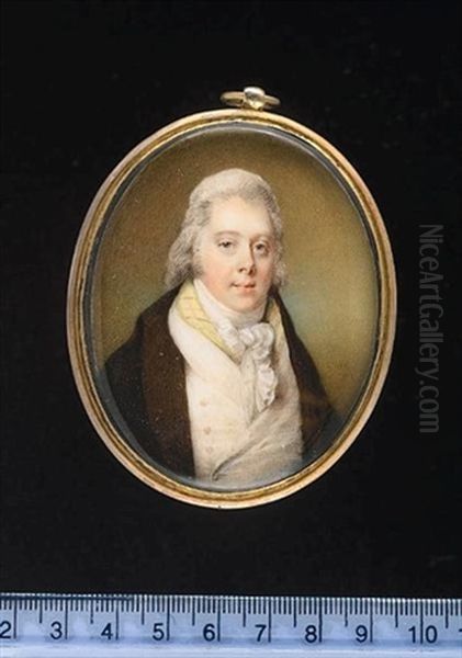 A Gentleman Wearing Brown Coat, White Waistcoat, Frilled Chemise, Tied Cravat And Pale Green Scarf Oil Painting by Horace Hone