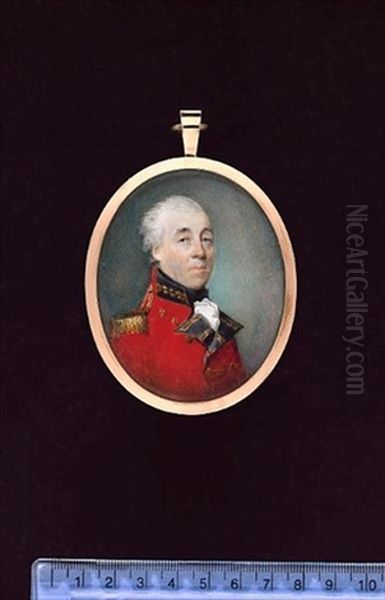 An Officer, Wearing Scarlet Coat With Blue Facings And Gold Epaulette, Gold Acorn Lace On His Collar, Frilled White Chemise And Black Stock, His Hair Powdered Oil Painting by Horace Hone