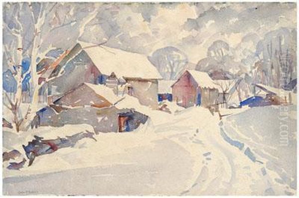 Winter Landscape With Farm Buildings Oil Painting by John Pierce Barnes