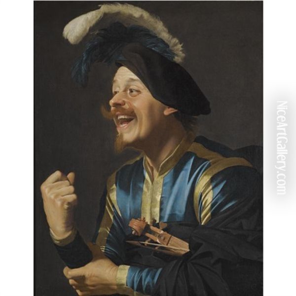 A Laughing Violinist, Half-length, Wearing A Blue And Yellow Striped Doublet And A Plumed Cap, With A Violin Tucked Under His Arm Oil Painting by Gerrit Van Honthorst