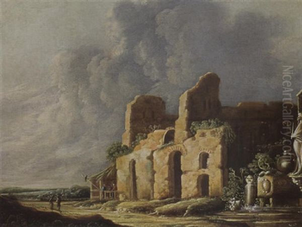 A Classical Landscape With Antique Ruins And Monuments, A Fountain On The Right Oil Painting by Charles Cornelisz de Hooch