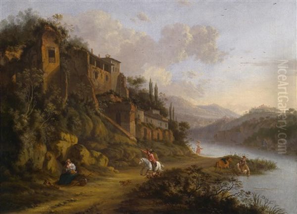 Reiter Auf Einem Uferpfad Vor Einer Stadt In Der Romischen Campagna Oil Painting by Horatius de Hooch