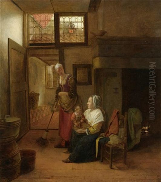 Interieur Mit Mutter Und Kind Und Einer Fegenden Dienerin Oil Painting by Pieter De Hooch