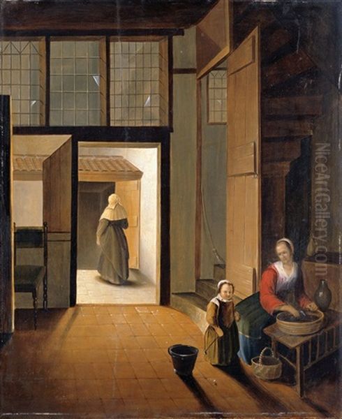 Interieur Mit Einer Jungen Frau Beim Gemuseputze, Neben Ihr Ein Kind Oil Painting by Pieter De Hooch