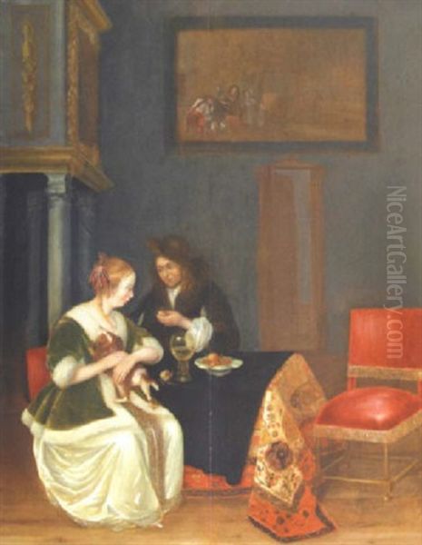 Gentilhomme Offrant Un Fruit A Une Dame Oil Painting by Pieter De Hooch