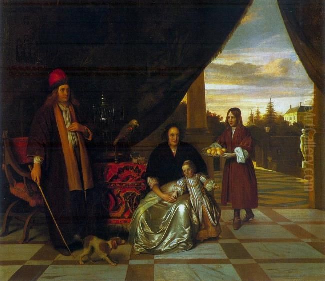 Portrait Of A Family On A Terrace Oil Painting by Pieter De Hooch