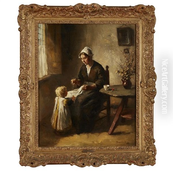 Interior With Mother Sewing Oil Painting by Bernard Johann De Hoog