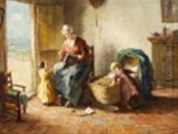 Tending Baby In A Seaside Cottage Oil Painting by Bernard Johann De Hoog