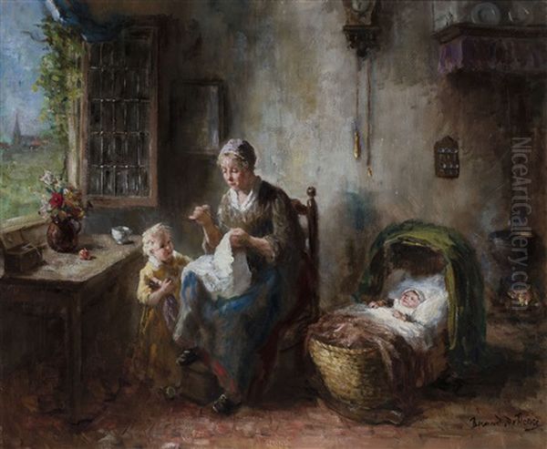 Mother With Children In Interior Oil Painting by Bernard Johann De Hoog