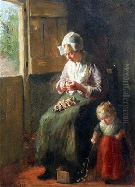 Interior With Woman Peeling Onions And A Child Oil Painting by Bernard Johann De Hoog