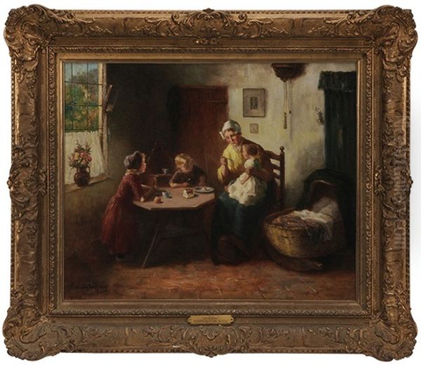 Meal Time, Family By A Sunlit Window Oil Painting by Bernard Johann De Hoog