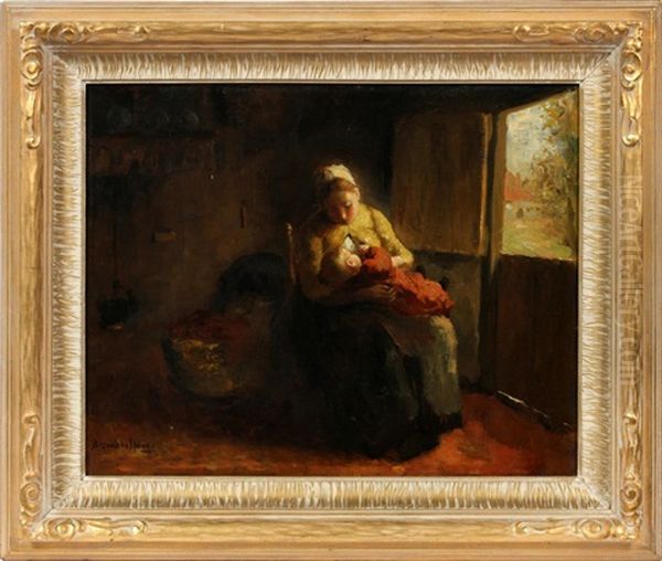 Mother And Child Seated By Door Oil Painting by Bernard Johann De Hoog