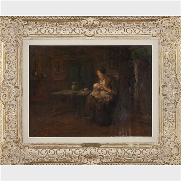Interior With Mother Feeding Her Baby Oil Painting by Bernard Johann De Hoog
