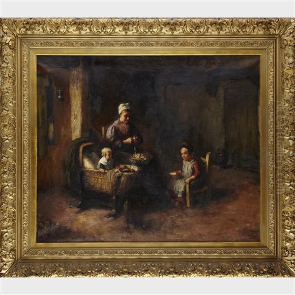 Mother Feeding Her Children In A Kitchen Interior Oil Painting by Bernard Johann De Hoog