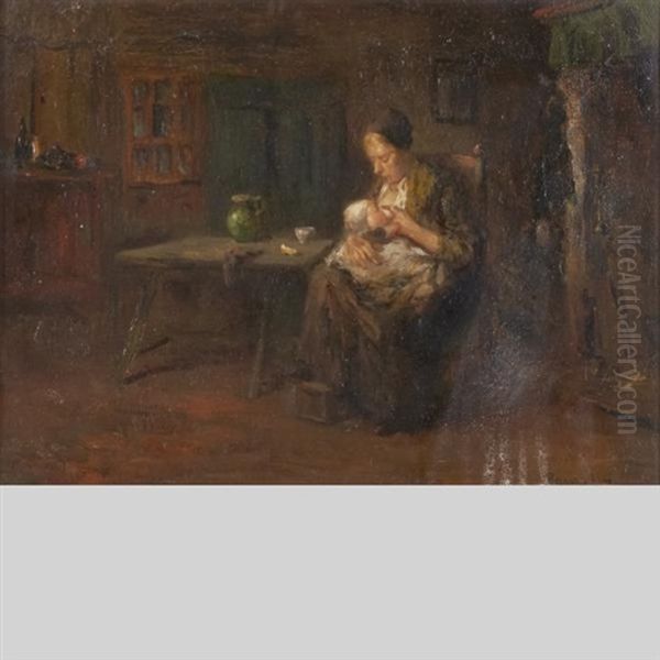 Interior With Mother Feeding Her Baby Oil Painting by Bernard Johann De Hoog