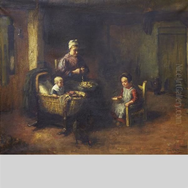 Mother Feeding Her Children In A Kitchen Interior Oil Painting by Bernard Johann De Hoog