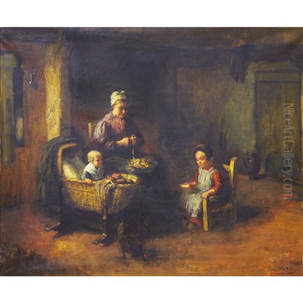 Mother Feeding Her Children In A Kitchen Interior Oil Painting by Bernard Johann De Hoog