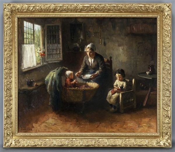 Interior Scene With Mother Feeding Her Children Oil Painting by Bernard Johann De Hoog