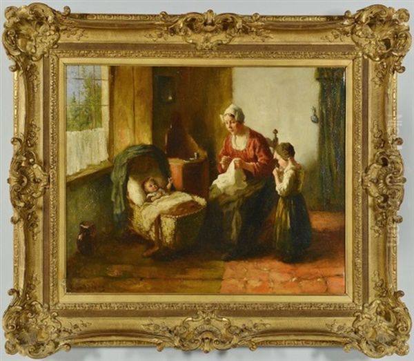 Genre Scene Depicting A Mother Sewing Oil Painting by Bernard Johann De Hoog