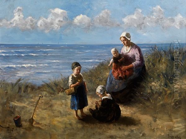 Mutter Mit Spielenden Kindern An Einem Hollandischen Strand Unter Sommerwolken Oil Painting by Bernard Johann De Hoog